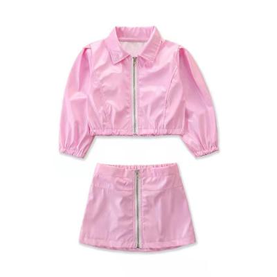 China ENGLAND STYLE new fashion debut girls autumn clothing set boutique turn-down collar zipper PU coat + zipper PU skirt set of 2 pieces for children for sale