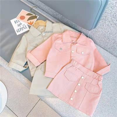 China Casual Hot Selling Baby Girls Spring Autumn Clothing Set Fashion Turn-down Single Breasted Collar Coat+A-line Skirt 2 Piece Set For Kids for sale