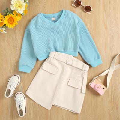 China ENGLAND STYLE New Fashion Debut Girls Blue V-Neck Knitting Sweater + Irregular A-Line Skirt 2 Piece Set For Kids 1-6T for sale