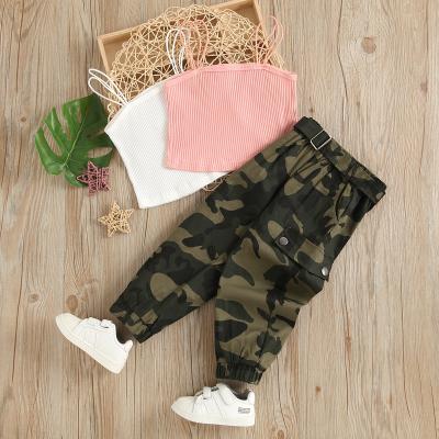 China ENGLAND STYLE Europe and American hot sale debut girls tops + rib camo solid strapless long pants 2 piece set for kids for sale