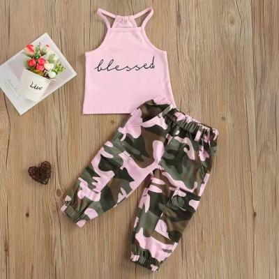 China ENGLAND STYLE Europe and American Hot Selling Debut Girls Clothing Set Fashion Letter Printed Sleeveless Top + Camouflage Long Pants 2pc Set for sale