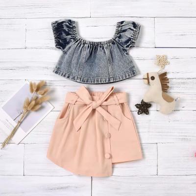 China ENGLAND STYLE Europe and American hot sale debut girls clothing set fashion denim pullover top+solid irregular short pants 2pcs set with belt for sale