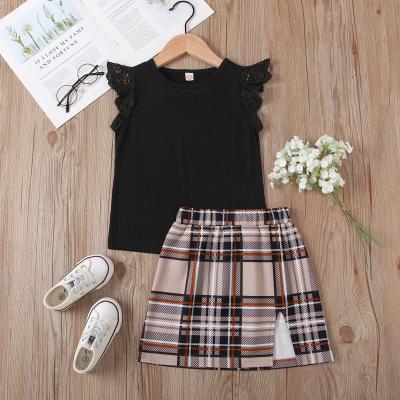 China Girls Casual Boutique Toddler New Arrival Solid Ruffles Lace Up Sleeveless Blouse and Plaid Skirt Clothing Set for Kids for sale