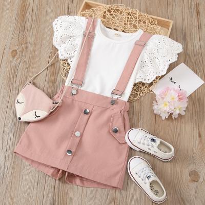 China 2021 New Fashion Casual Summer 2Pcs Girls Ruffled Sleeveless Lace Blouse Tops And Jumpsuits Shorts Clothes Sets For Kids for sale