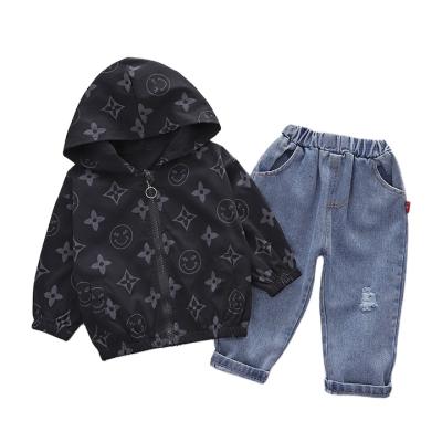 China New Casual Fashion Debut Boys To Fall Clothing Set Boutique Letter Printed Long Sleeve Zipper Hoodie Coat + Long Denim Pants 2piece Set for sale