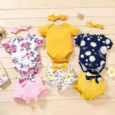 China Amazon floral print set of hot sale infant babies breathable rompers+short pants+headband 3piece for newborn babies for sale