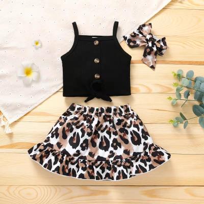 China New Fashion Babies Summer Clothing Boutique Newborn Breathable Solid Sleeveless Leopard Tops+Skirt 2 Piece Set For Babies for sale