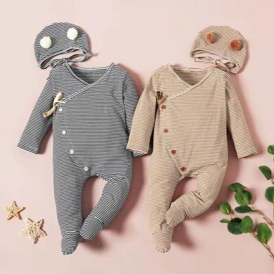 China New Fashion 95% Cotton Infant Baby Boy Girls Long Sleeves Striped Rompers +Hat Overalls Boutique Long Pants For Unisex Babies for sale