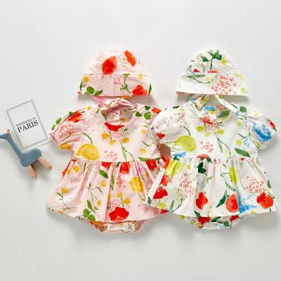 China Wholesale 95% Cotton Newborn Babies Rompers Fashion Floral Printed Short Sleeve Adorable Romper With Hat for sale