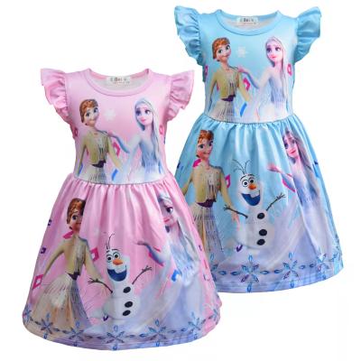 China Washable Europe And American Hot Sale Cartoon Printed Fly Sleeve Dress Frozen Princess Milk Silk Dress For Kids for sale