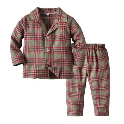 China Factory wholesale breathable toddler boys pajamas fashion long sleeve turn-down collar plaid top + elastic pants 2pcs leisure set for kids for sale