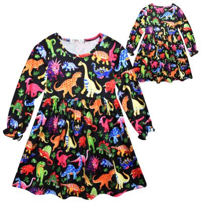 China Hot Selling Anti-wrinkle Baby Girls Dress Cartoon Dinosaur Printed Long Sleeve Ruffled Princess Dress For Girls for sale