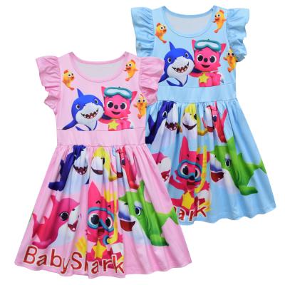 China Hot Sale Girls Summer Dress Cartoon Puff Sleeve Washable Shark Print Princess Dress For Kids for sale