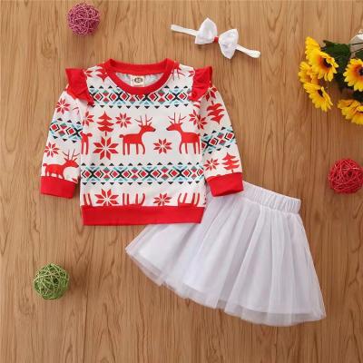 China ENGLAND STYLE Amazon Hot Selling Debut Girls Clothing Set Fashion Autumn Winter Sleeve O-Neck Top + Long Mesh Skirt 2 Piece Christmas Set for sale