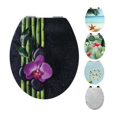 China Black Stone Flower Printing Stone Material Print Soft Close OEM Spa Toilet Seats Soft Close Hinges Extended 19inch MDF UV Glossy Toilet Seat Cover for sale