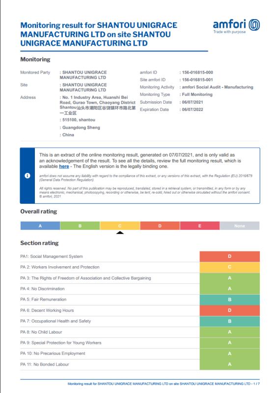 BSCI - Shantou Unigrace Manufacturing Ltd.