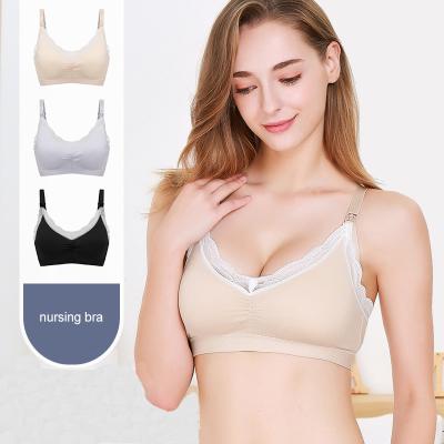 China Seamless Women Lace Up Breasted Feeding Bra Wireless Loop Lace Front Bra Plus Size Sleep Wireless Padded Full Front Closure Nursing Bra for sale