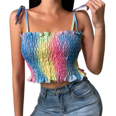 China Women's Halter Top Tank Top Women's Slim Ruffle Ruffle Crop Top Dye Tank Top Vest Women's Breathable Spaghetti Cropped Causal Wear Camisole for sale