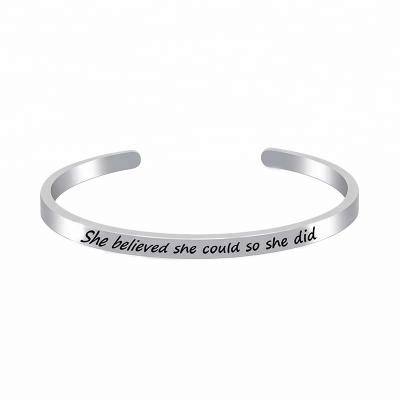 China Custom Romantic Logo 316L Stainless Steel Jewelry Engraved Message Inspirational Stamped Bangles Slap Bangles for sale