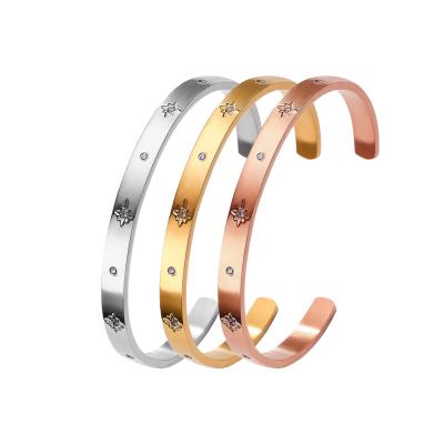 China New Design Stainless Steel Cuff Bracelet Cubic Zirconia CLASSIC Eight-pointed Star Shape Star Shape Diamond Custom Open Bangle for sale