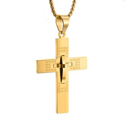 China Religious Cross Necklace Gold Men Stainless Steel Pendant Cross Necklace With Double 18k Gold Hip Hop Thick Iced Out Simple Cross Necklace for sale