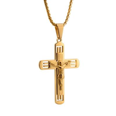 China Religious Cross Necklace For Men Jewelry 18k Gold Plated Cross Necklace With Stainless Steel Men's Ice Silver Jesus Cross Necklace Large for sale