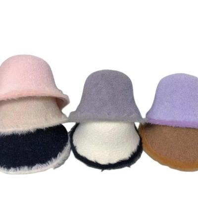 China Dobby Autumn and winter high quality plush patchwork knitted fisherman hat warm milliness luxury bucket hat for sale