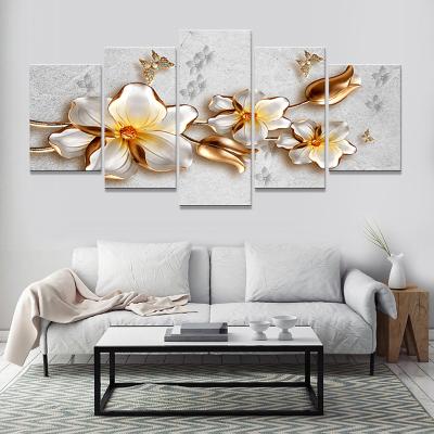 China International Organization for Standardization 5 Panel Flower Canvas Painting 3D Golden Wall Art Decoration Oil Painting for sale