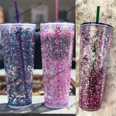 China 16oz 20oz 24oz Double Wall Disposable Cold Plastic Cup Clear Insulated Plastic Straw With Lid And Tumbler for sale