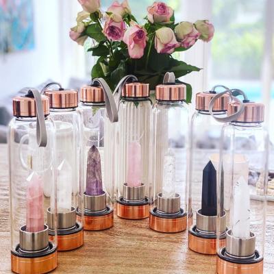 China Bpa Rose Gold Sports Gemstone Cup Fruit Infuser Eco-Friendly Free Reusable Glass Crystal Water Bottle for sale