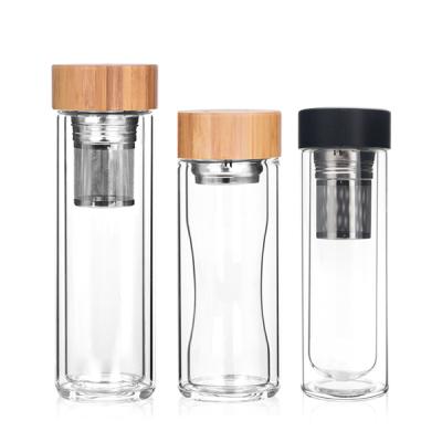 China Double Wall Bulb Shape Viable Promotional Reusable Bottom Glass Water Bottles With Bamboo Lid Tea Filter for sale