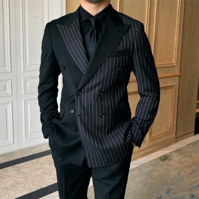 China Wholesale High Quality Breathable Men's Asian n Double Breasted Fashion Personality Patchwork Business Casual Dress Striped Suit for sale