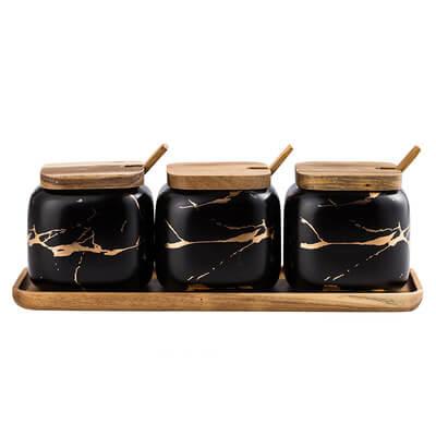 China Sustainable Black Marble Spice Storage Containers Gold Design Seasoning Jar for sale