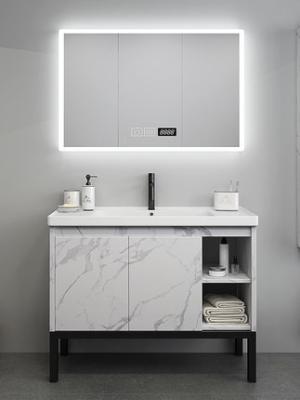 China 100 Inch Warm White Freestanding Bathroom Vanity With Touch Screen Mirror Cabinet for sale