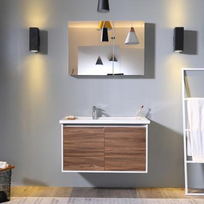 China Wood Colour And White Freestanding Bathroom Vanity With 2 Doors Mirror Cabinet for sale