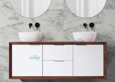 China White And Wood Double Sink Bathroom Vanity With Two Big Round Bowls for sale