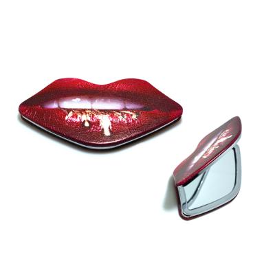 China Wholesales Double Sided Mini Makeup Hand Held Lip Shape Double Sided PU Folding Pouch Cosmetic Leather Mirror for sale