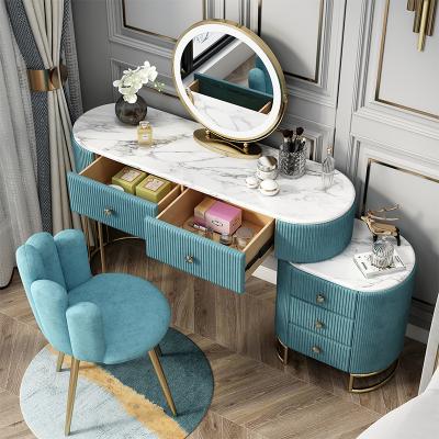 China Custom Style Adjustable White Marble Top Simple Luxury Design Wooden Dressing Table Chair (Other) Set With Mirror for sale