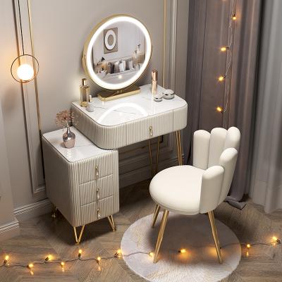 China Melamine Wood Adjustable Blue Beige Leather Color Furniture Bedroom Mini Vanity (Other) With LED Light Mirror for sale