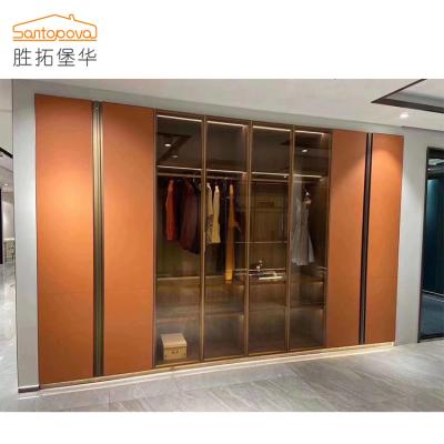 China Customized open glass design l shape wardrobe door panel new design popular orange glass wardrobe for sale