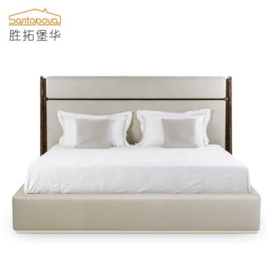 China Customizable Italy style cheap style factory bed frame home furniture high headboard solid wood five star hotel bed for sale