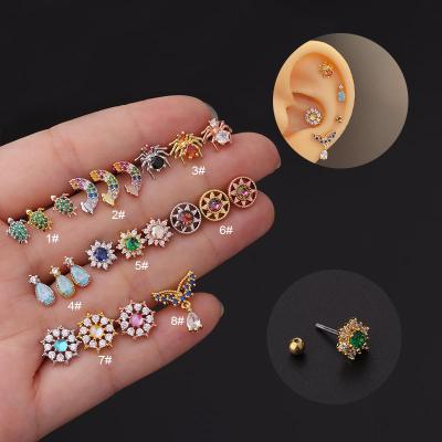 China POENNIS FASHION Ear Piercing Jewelry 10 Colorful Tortoise Thin Rainbow Zircon Needle Ear Piercing Studs for sale