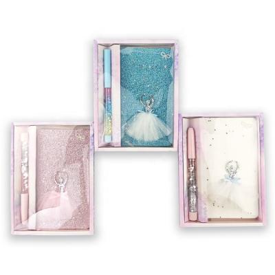 China Glitter+Paper Factory price lovely fantasy glitter ballet shiny dancing girl notebook with fabulous glittering pen stationery set for girls for sale