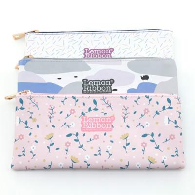 China Gift Lemon Ribbon ins fashion PU cartoon print fancy smooth zipper stationery pen holder pencil box pencil case for school kids for sale