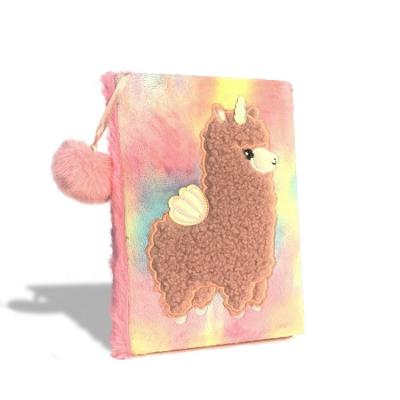 China Softcover Fantasy custom pink rainbow colour fluffy cover cartoon animal embroidery plush ball bookmark smooth writing stationery notebook for sale