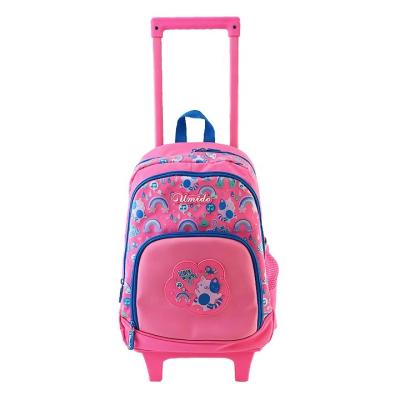 China Waterproof Wholesale cute cartoon rainbow print Polyester bag light wheel front side pockets portable large capacity backpack schoolbag for sale