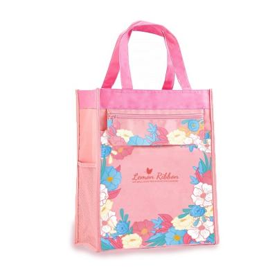 China Other Lemon Ribbon flower pattern customized soft oxford cloth large capacity portable school bag hand bag for school girls for sale