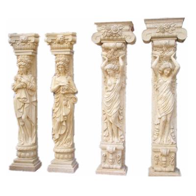 China Sculpture Solid Beige Marble Woman Statue Greek Columns Pillars Carving Lady for sale