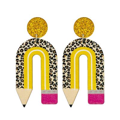 China FASHIONABLE Leopard Print Rainbow Stud Earrings Design Pencil Gold Wooden Earrings For Teacher Gift for sale