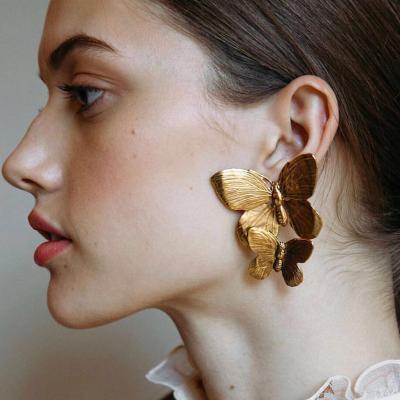 China High Quality Trendy Female Butterfly Metal Earring Gold Plated Double Alloy Butterfly Earrings for sale